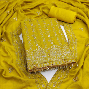 Lemon Yellow Floral Vichitra Silk Dress Material Adorned With Floral Embroidery & Swarovski Work