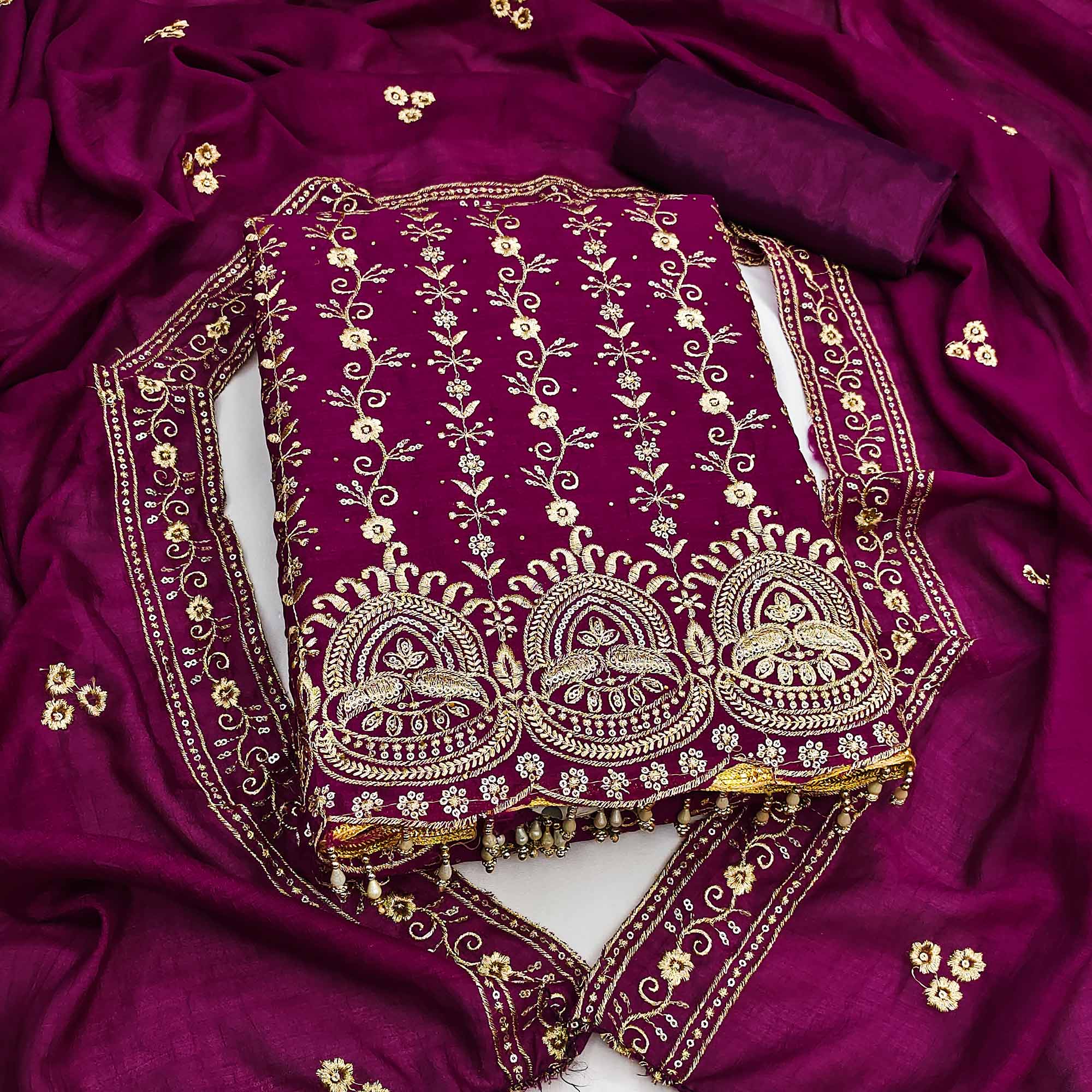 Purple Floral Vichitra Silk Dress Material Adorned With Floral Embroidery & Swarovski Work