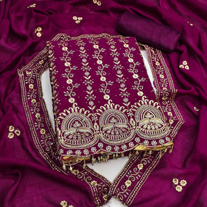 Purple Floral Vichitra Silk Dress Material Adorned With Floral Embroidery & Swarovski Work