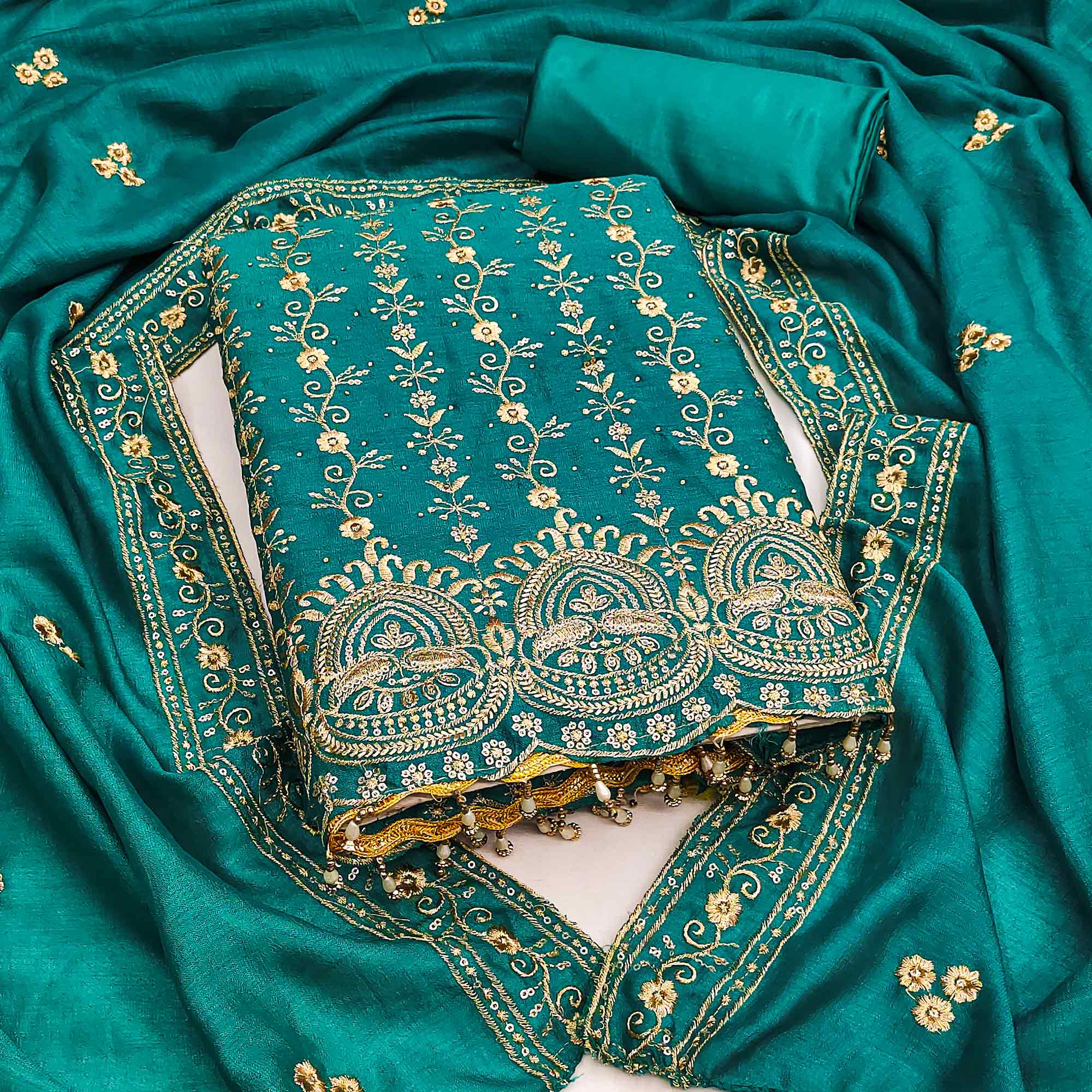 Rama Blue Floral Vichitra Silk Dress Material Adorned With Floral Embroidery & Swarovski Work