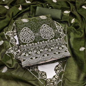 Mehendi Green Vichitra Silk Dress Material Showcasing Paisley & Floral Embroidery With Swarovski