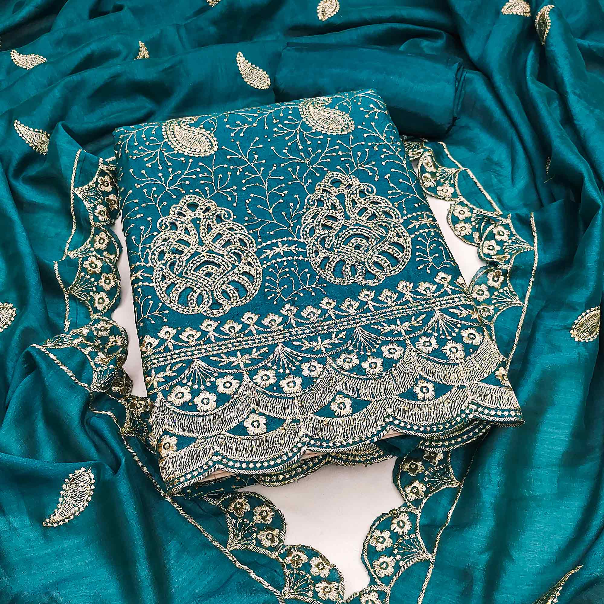 Morpich Blue Vichitra Silk Dress Material Showcasing Paisley & Floral Embroidery With Swarovski