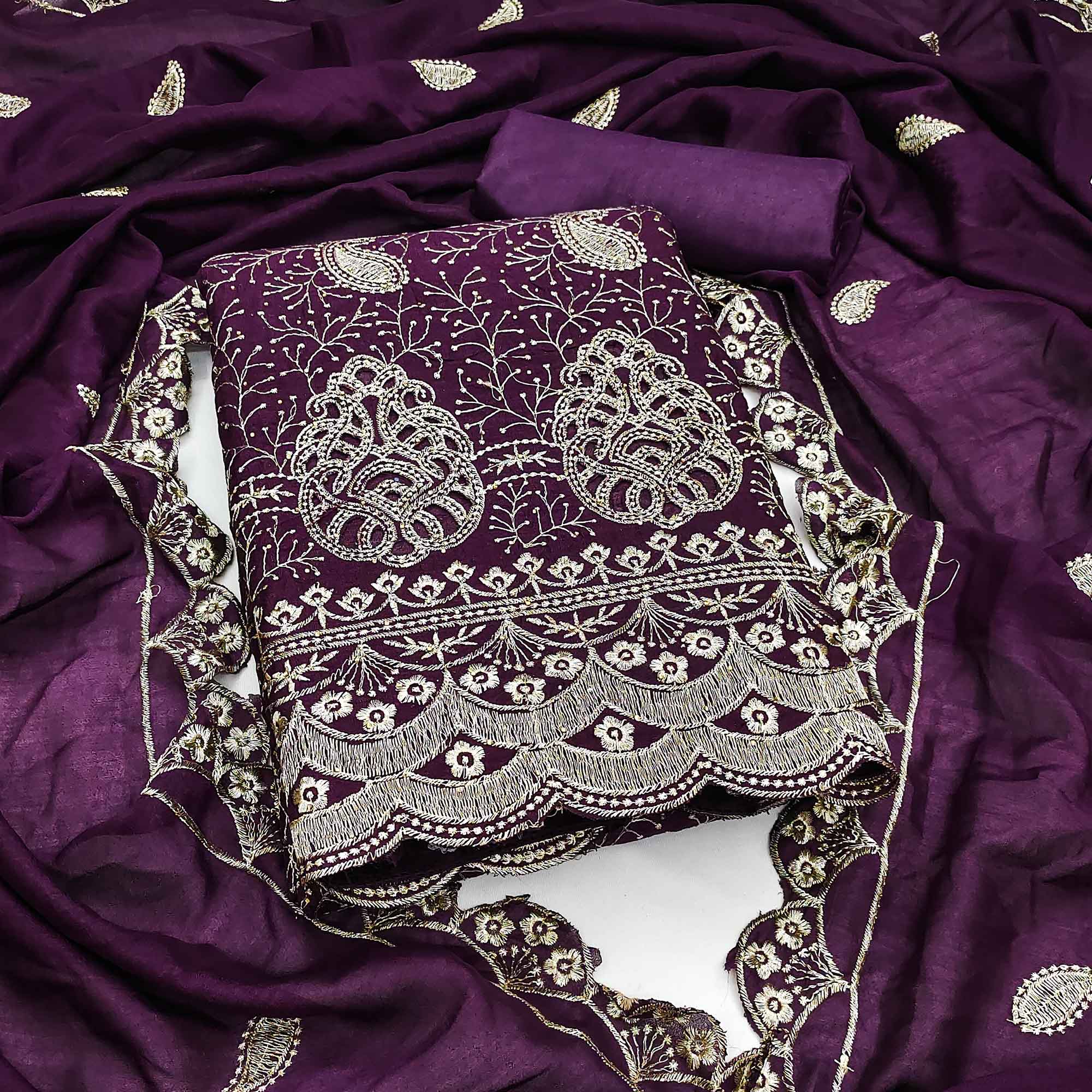 Purple Vichitra Silk Dress Material Showcasing Paisley & Floral Embroidery With Swarovski