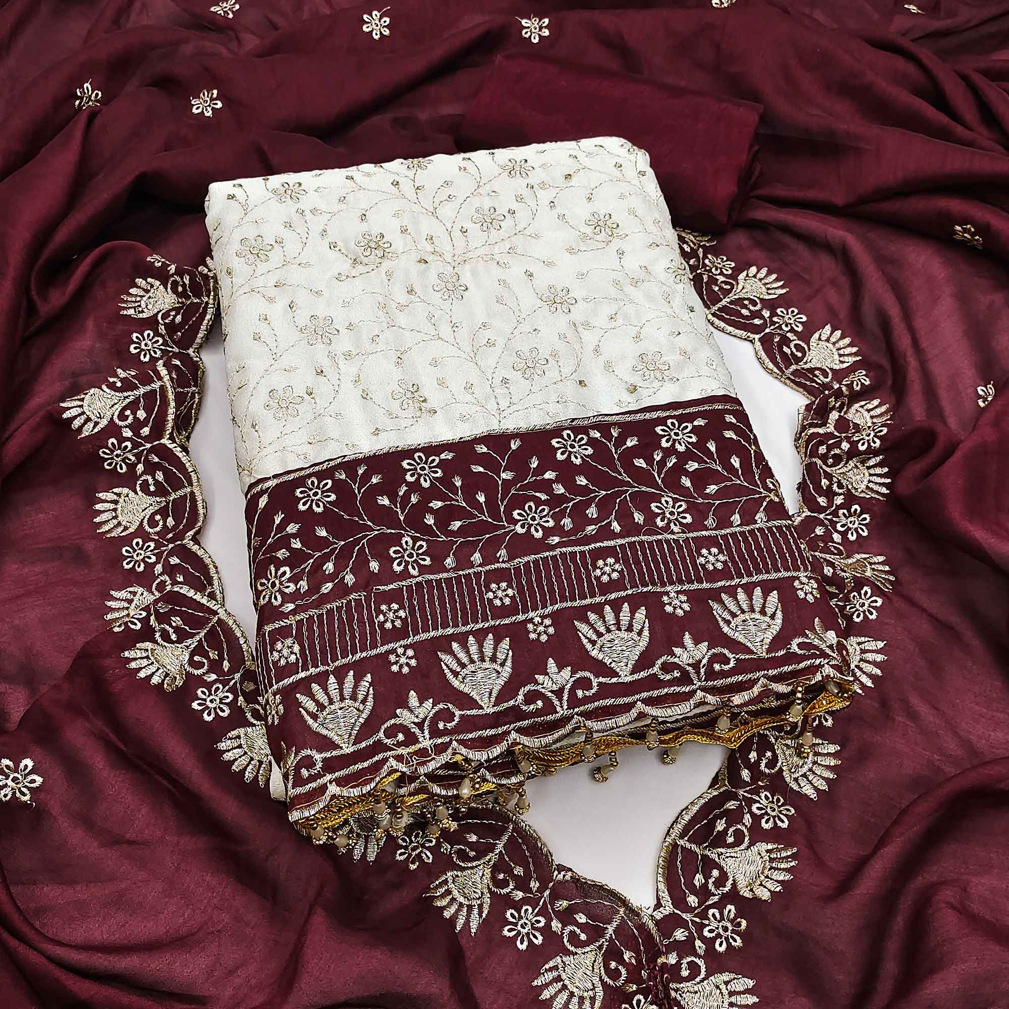 Chic OffWhite & Maroon Vichitra Silk Dress Material Adorned With Floral Embroidery