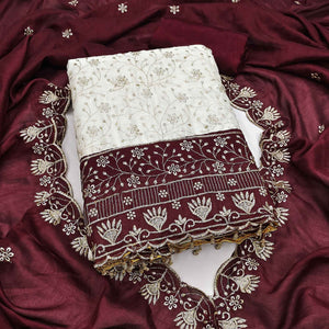 Chic OffWhite & Maroon Vichitra Silk Dress Material Adorned With Floral Embroidery