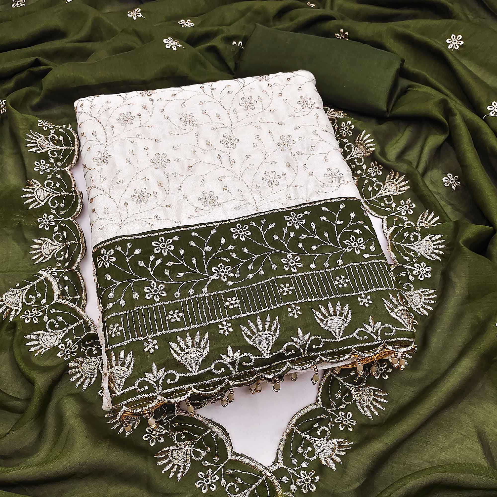 Chic OffWhite & Mehendi Green Vichitra Silk Dress Material Adorned With Floral Embroidery