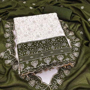 Chic OffWhite & Mehendi Green Vichitra Silk Dress Material Adorned With Floral Embroidery