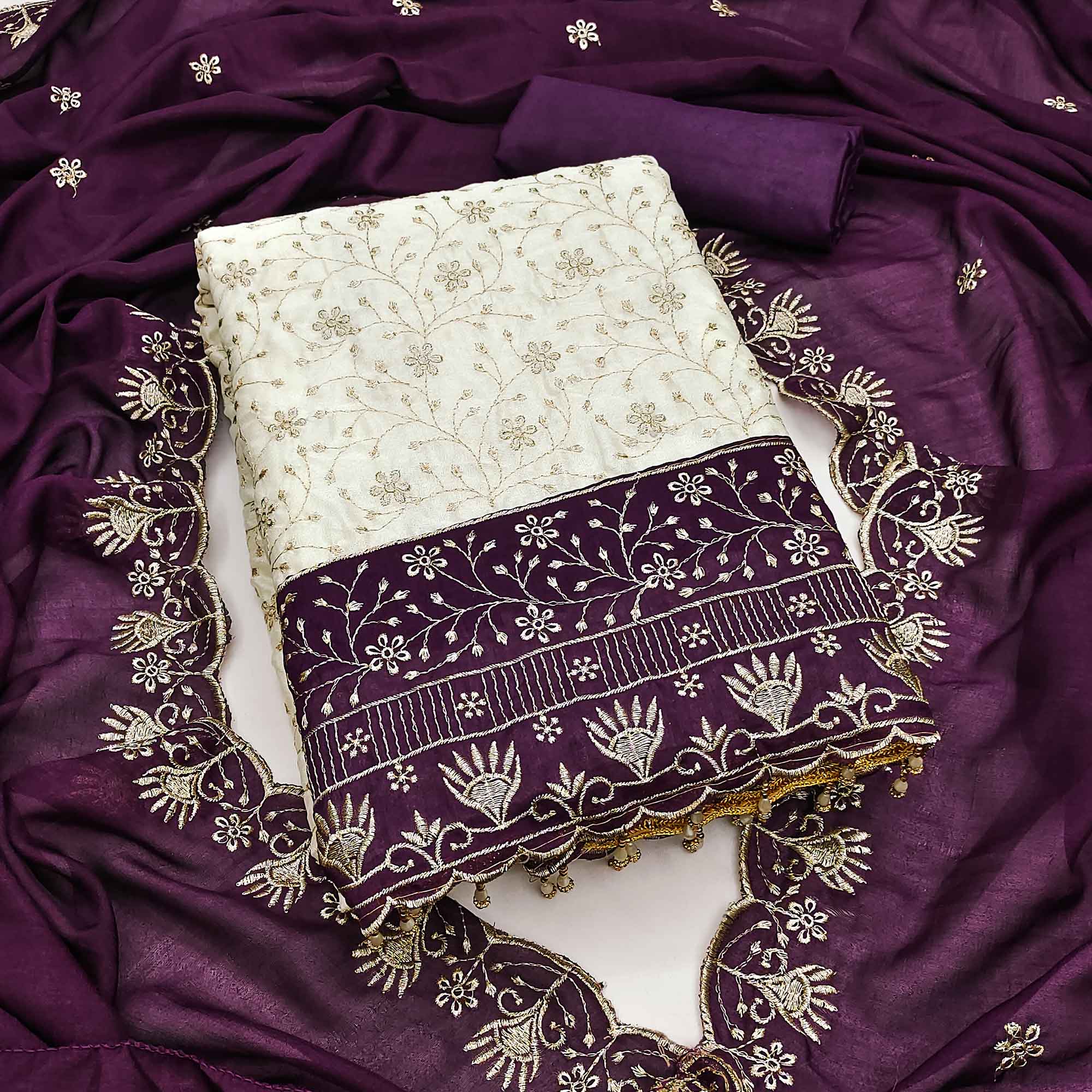 Chic OffWhite & Purple Vichitra Silk Dress Material Adorned With Floral Embroidery