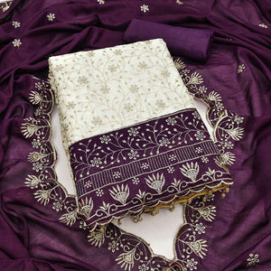Chic OffWhite & Purple Vichitra Silk Dress Material Adorned With Floral Embroidery