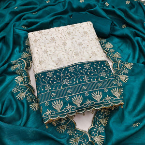 Chic OffWhite & Rama Blue Vichitra Silk Dress Material Adorned With Floral Embroidery