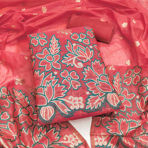 Graceful Brick Red Jamdani Art Silk Dress Material Adorned With Intricate Floral Weaving Work