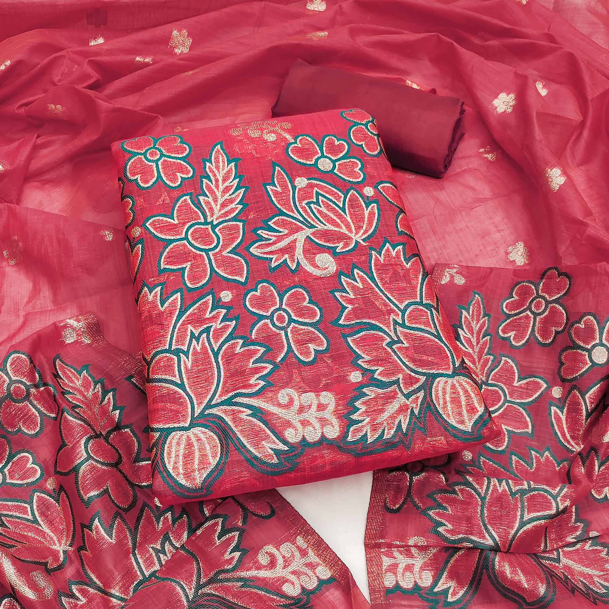 Graceful Pink Jamdani Art Silk Dress Material Adorned With Intricate Floral Weaving Work