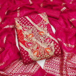 Classic Rani Pink Roman Art Silk Dress Material With Bandhani Prints & Floral Cording Embroidery