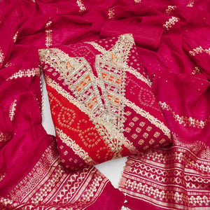 Charming Rani Pink Roman Art Silk Dress Material With Bandhani Prints & Floral Cording Embroidery