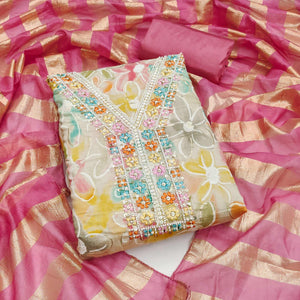 Vibrant Pink Floral Printed Roman Art Silk Dress Material Adorned With Sparkling Beads & Sequins