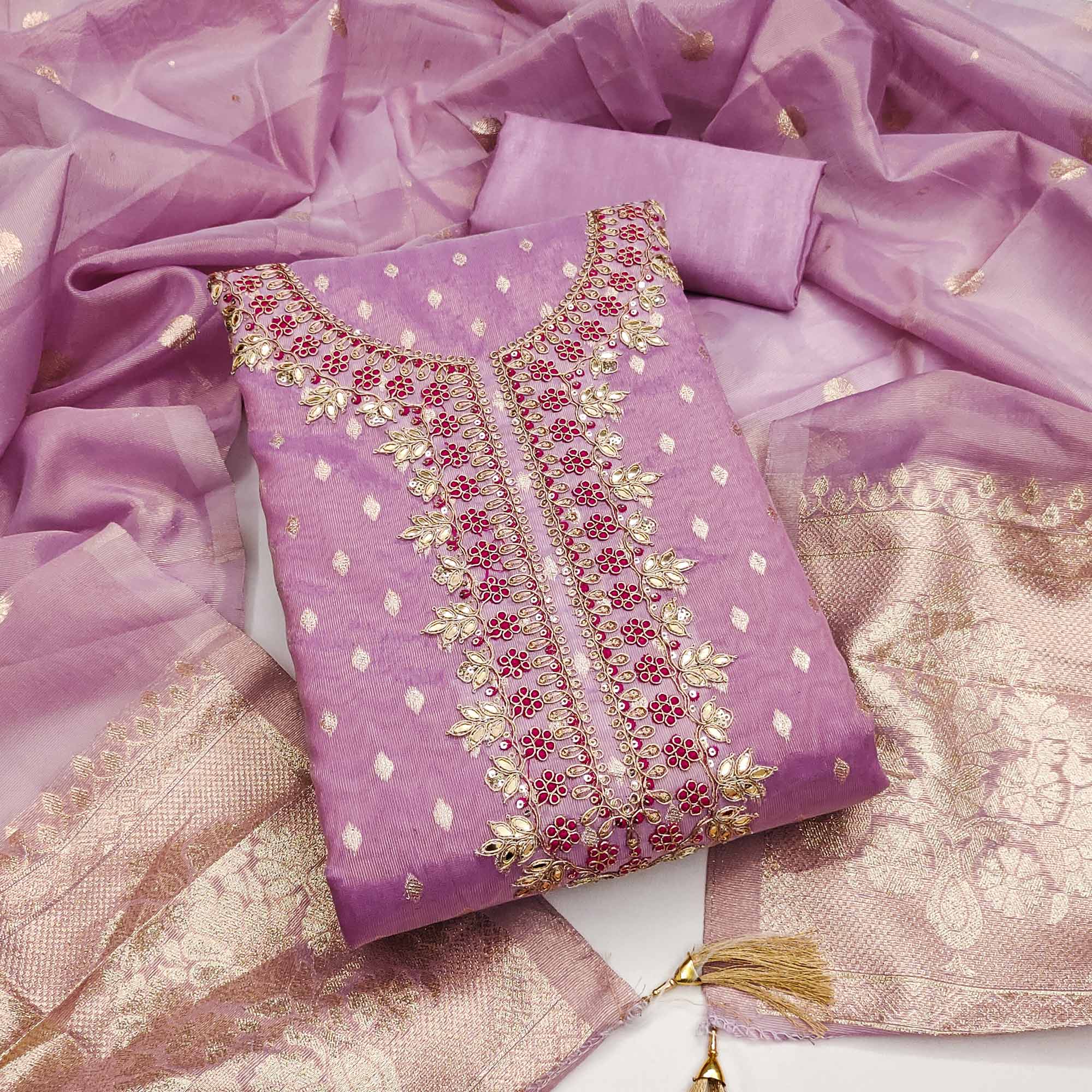 Radiant Lavender Jacquard Butti Shimmer Silk Dress Material With Elegant Cording Sequins Embroidery