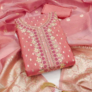 Radiant Peach Jacquard Butti Shimmer Silk Dress Material With Elegant Cording Sequins Embroidery