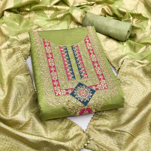 Elegant Green Art Silk Dress Material Adorned With Floral Cording & Sequins Embroidery