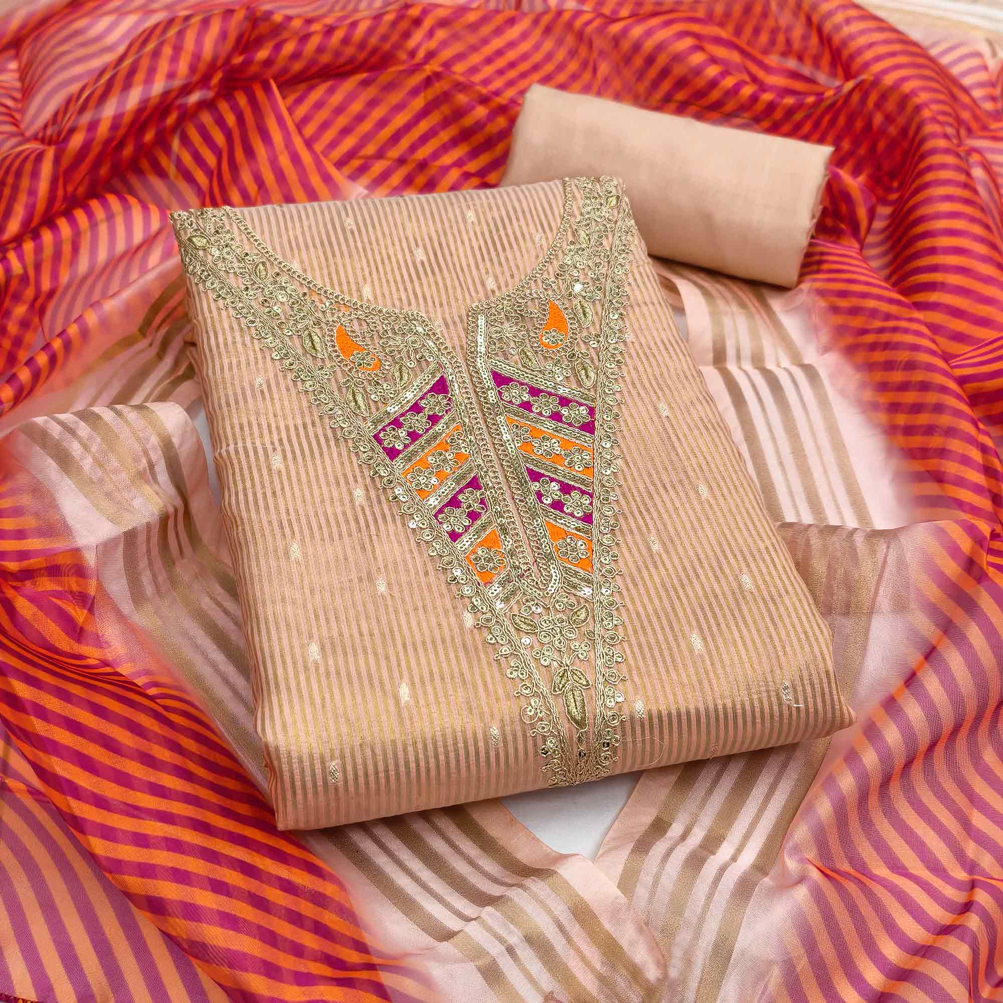 Premium Peach Shimmer Dress Material With Detailed Butti Weaving & Cording Embroidery