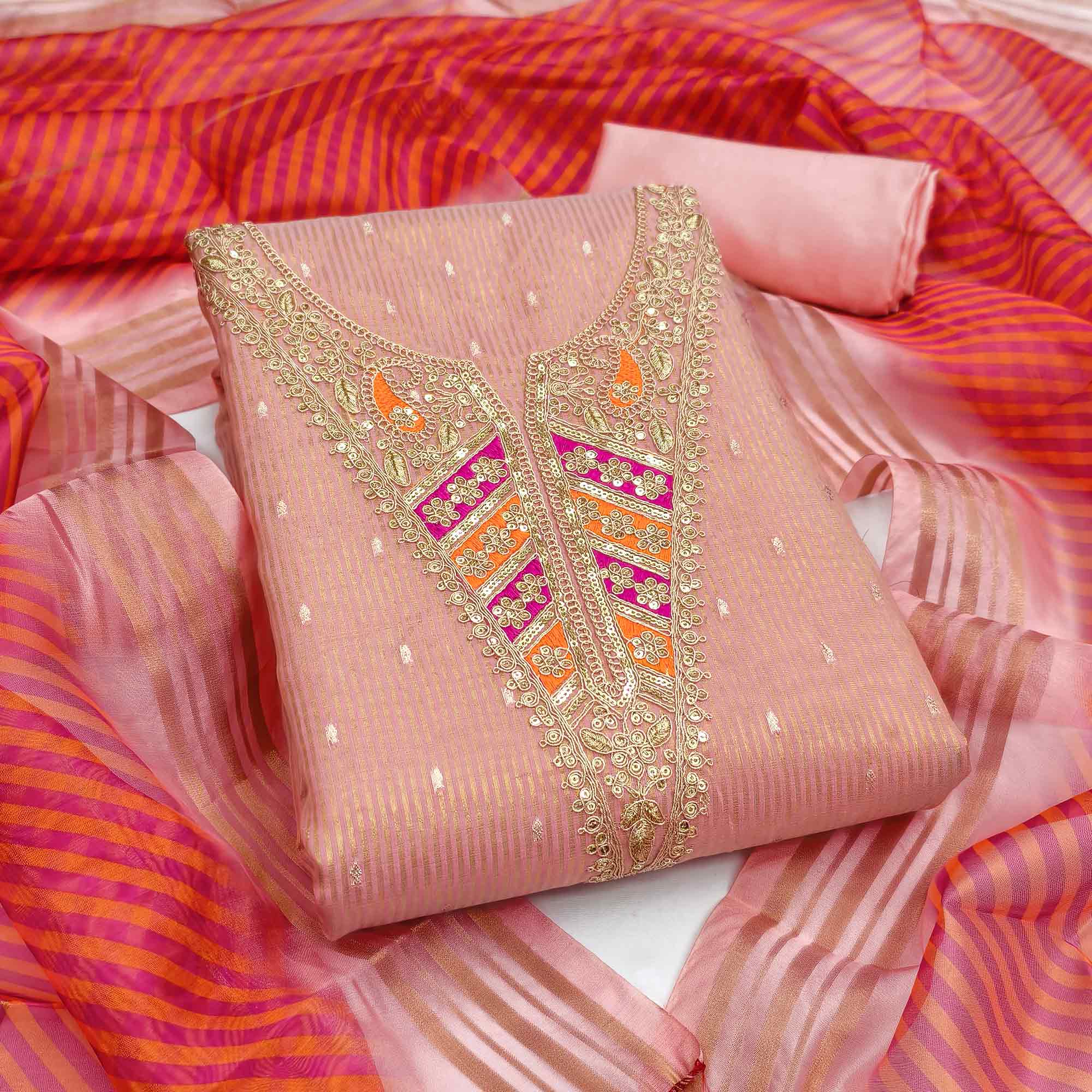 Premium Pink Shimmer Dress Material With Detailed Butti Weaving & Cording Embroidery