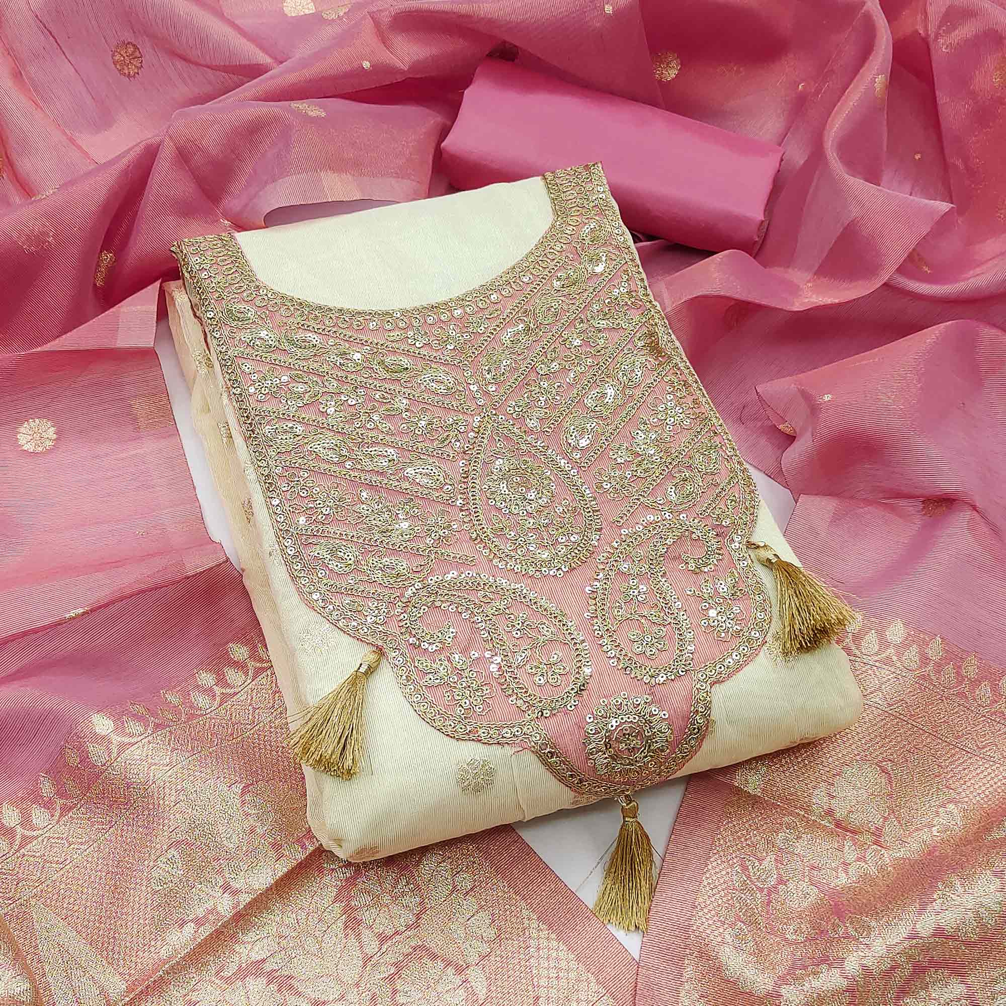 Cream & Pink Butti Weaving Shimmer Silk Dress Material Accented With Sequins Cording Embroidery