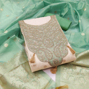 Cream & Turquoise Butti Weaving Shimmer Silk Dress Material Accented With Sequin Cording Embroidery