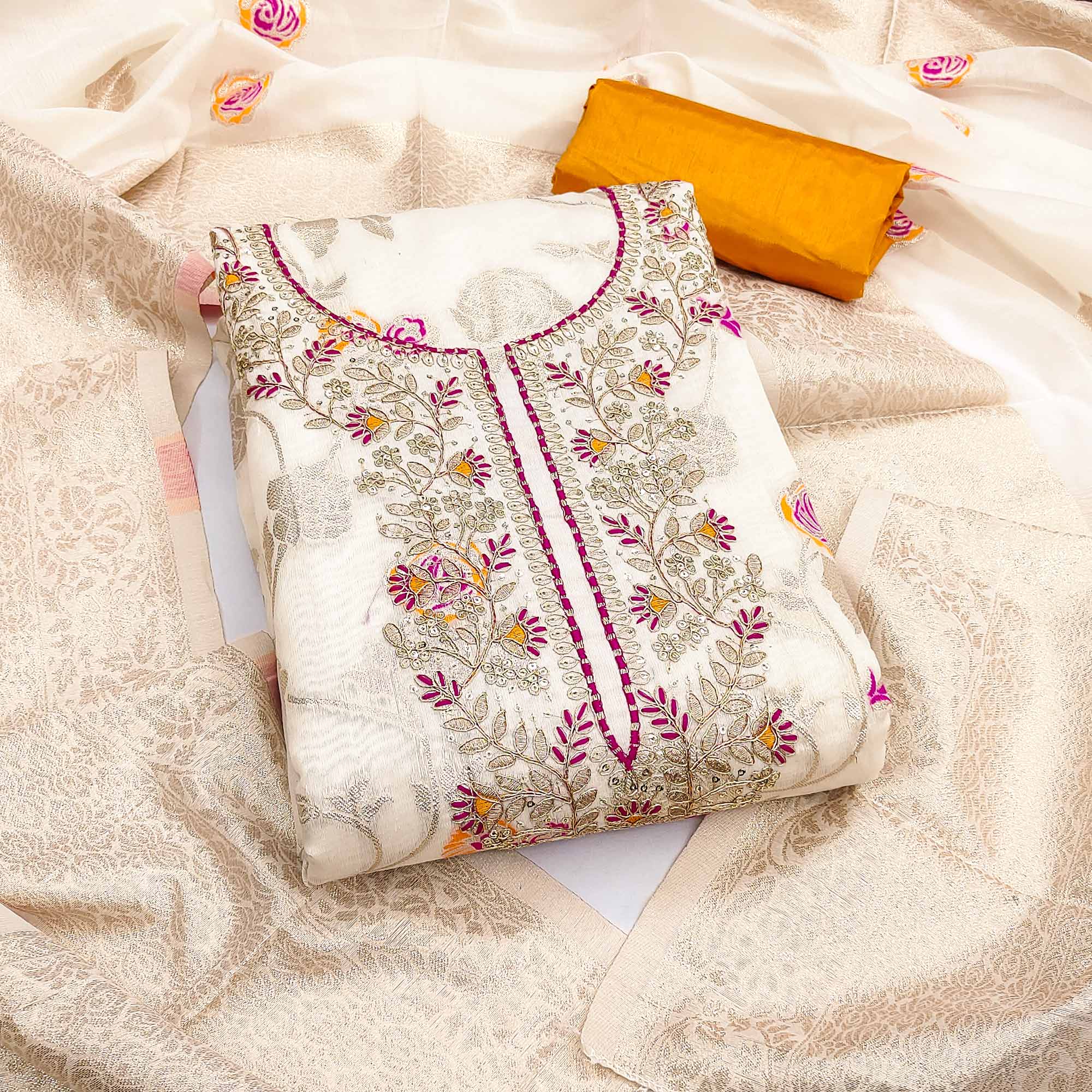 Premium Cream Floral Meenakari Jacquard Weaving Dress Material With Sequins Cording Embroidery