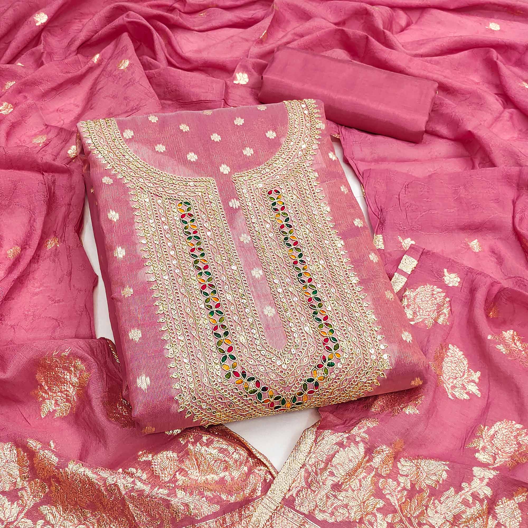 Exclusive Pink Floral Butti Weaving Shimmer Silk Dress Material With Cording Sequins Embroidery