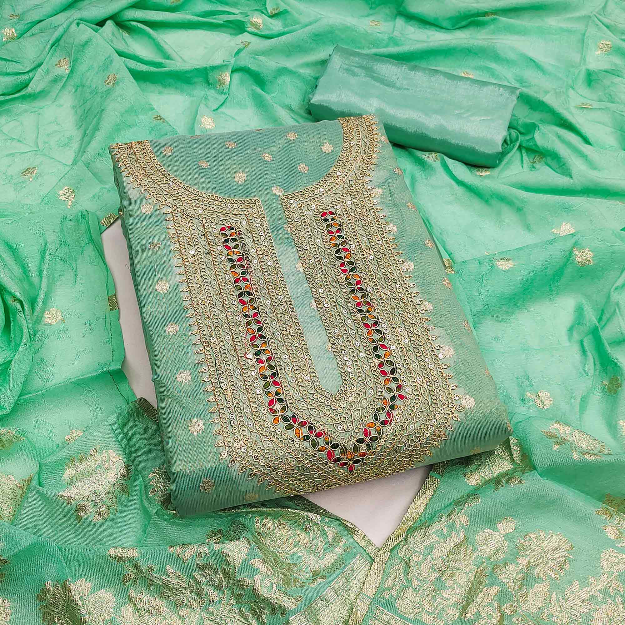 Exclusive Turquoise Floral Butti Weaving Shimmer Silk Dress Material With Cording Sequin Embroidery