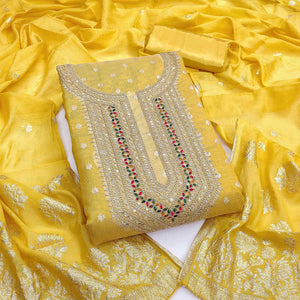 Exclusive Yellow Floral Butti Weaving Shimmer Silk Dress Material With Cording Sequins Embroidery