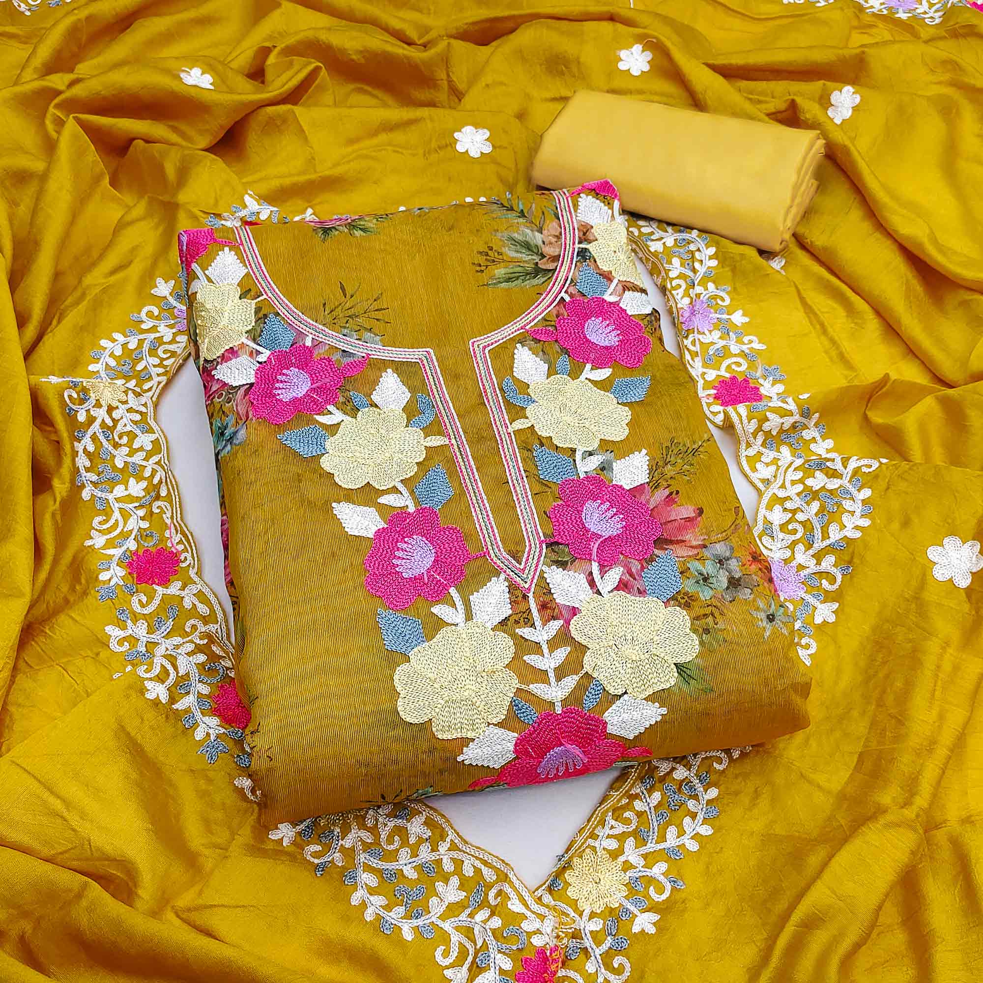Designer Mustard Floral Digital Printed Shimmer Silk Dress Material Featuring Embroidery Work