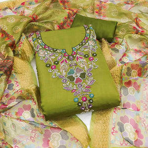 Exclusive Green Floral Embroidery Art Silk Dress Material With Sequins & Beads Work