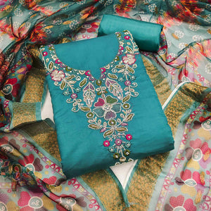 Exclusive Rama Blue Floral Embroidery Art Silk Dress Material With Sequins & Beads Work