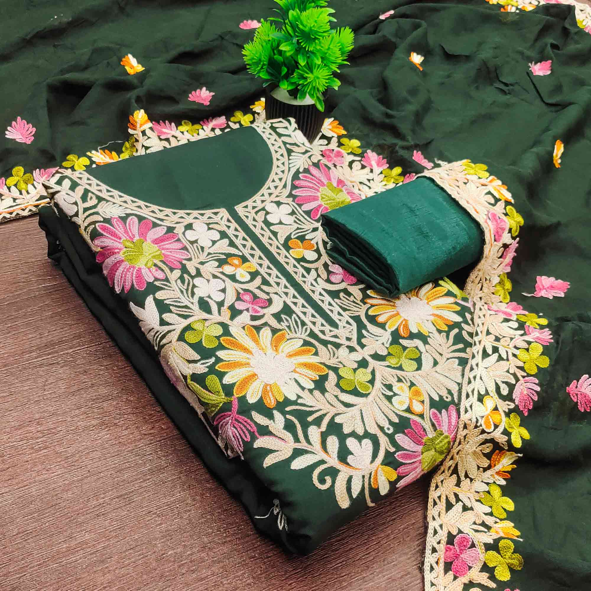 Bottle Green Designer Roman Art Silk Dress Material Adorned With Floral Thread Embroidery Work