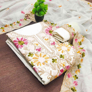 Offwhite Designer Roman Art Silk Dress Material Adorned With Floral Thread Embroidery Work