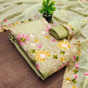 Pista Green Designer Roman Art Silk Dress Material Adorned With Floral Thread Embroidery Work