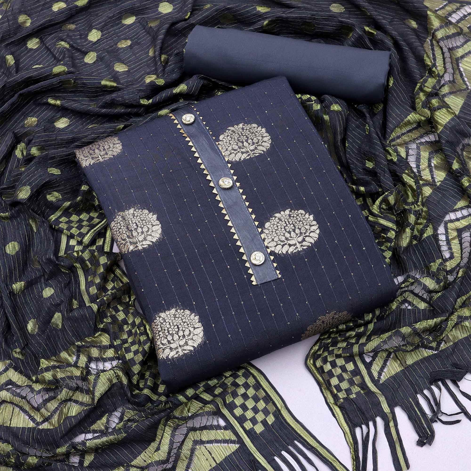 Grey Woven Jacquard Dress Material