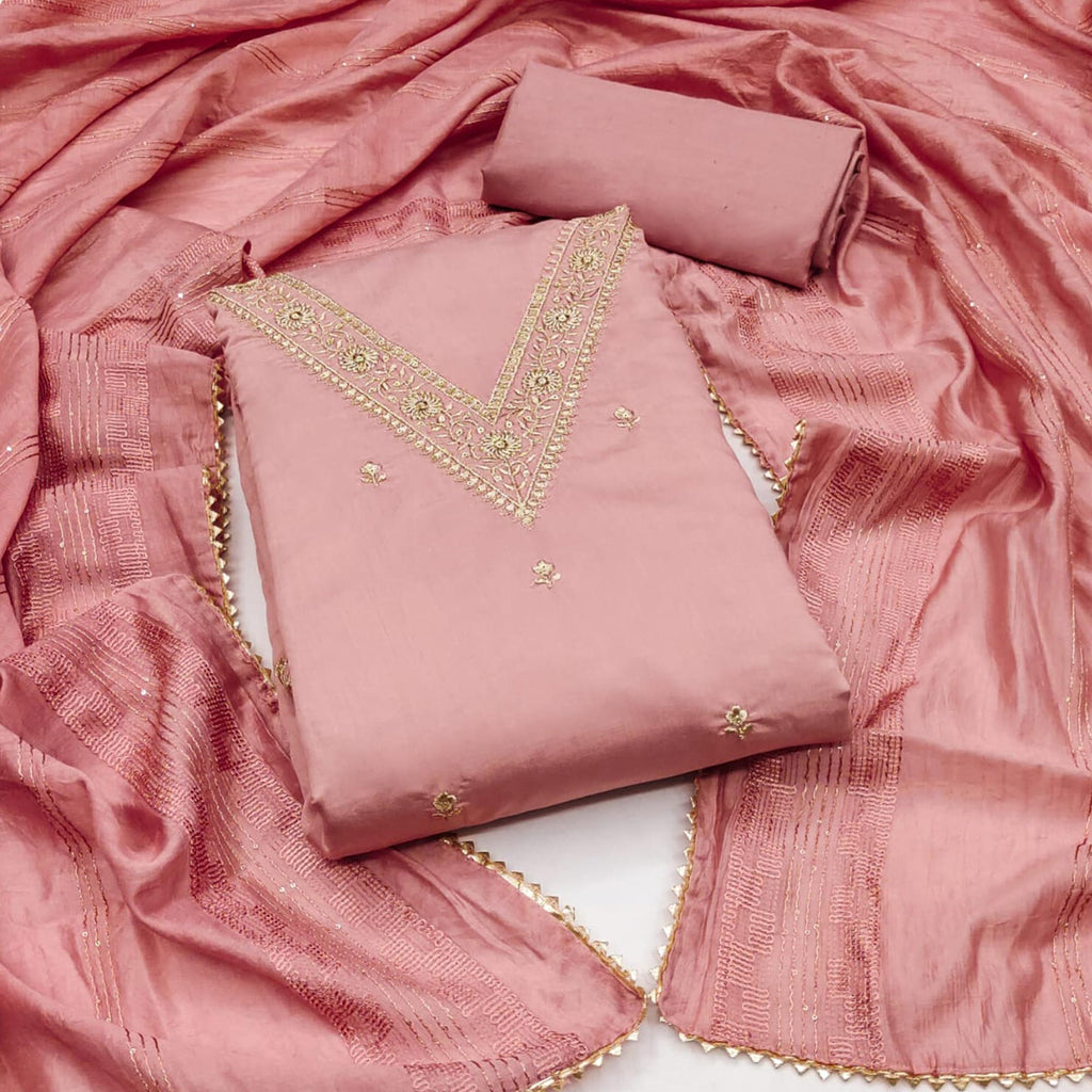 Heer Peach Satin Cotton Embroidered Dress Material SC5802 main image 1