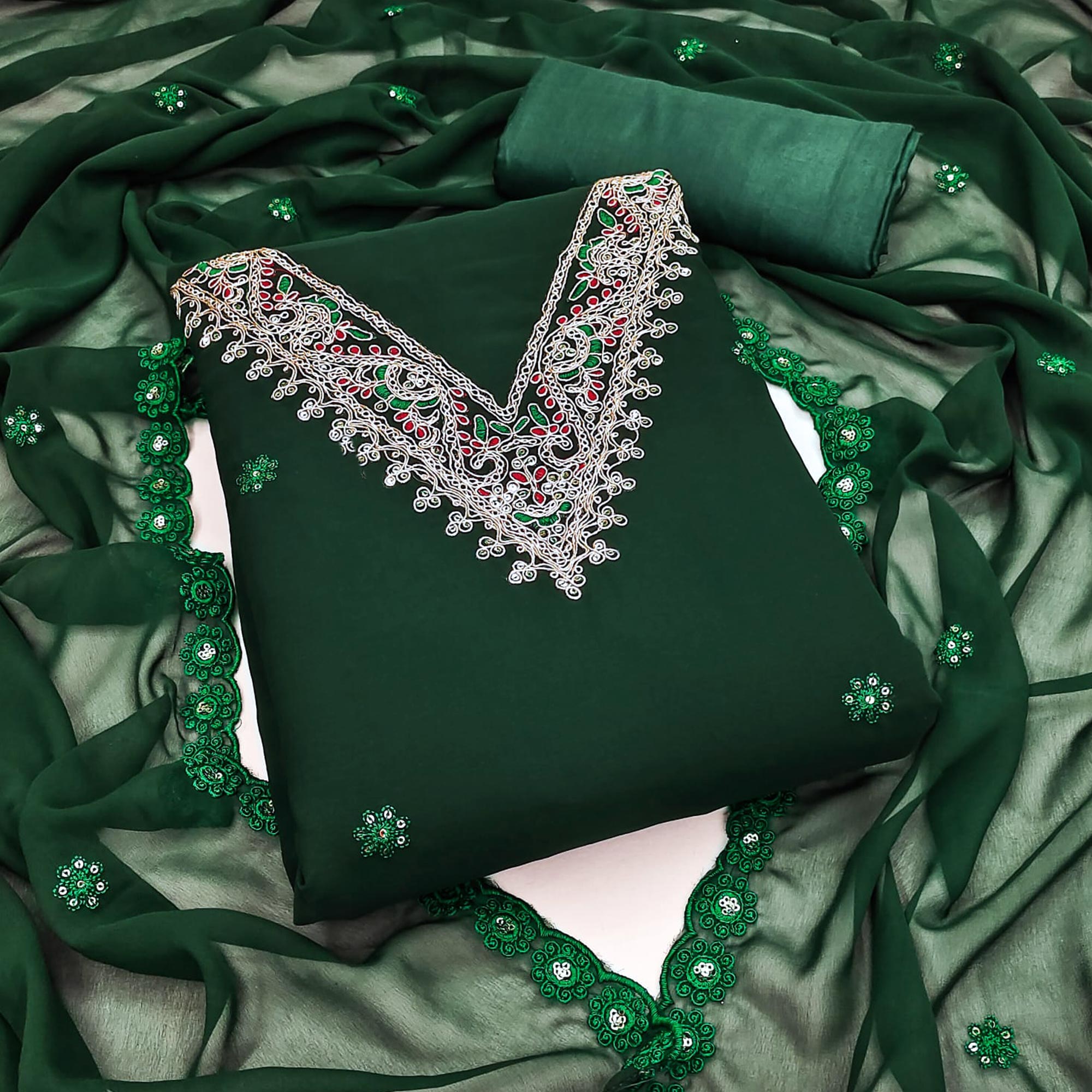 Green Sequins Embroidered Georgette Dress Material