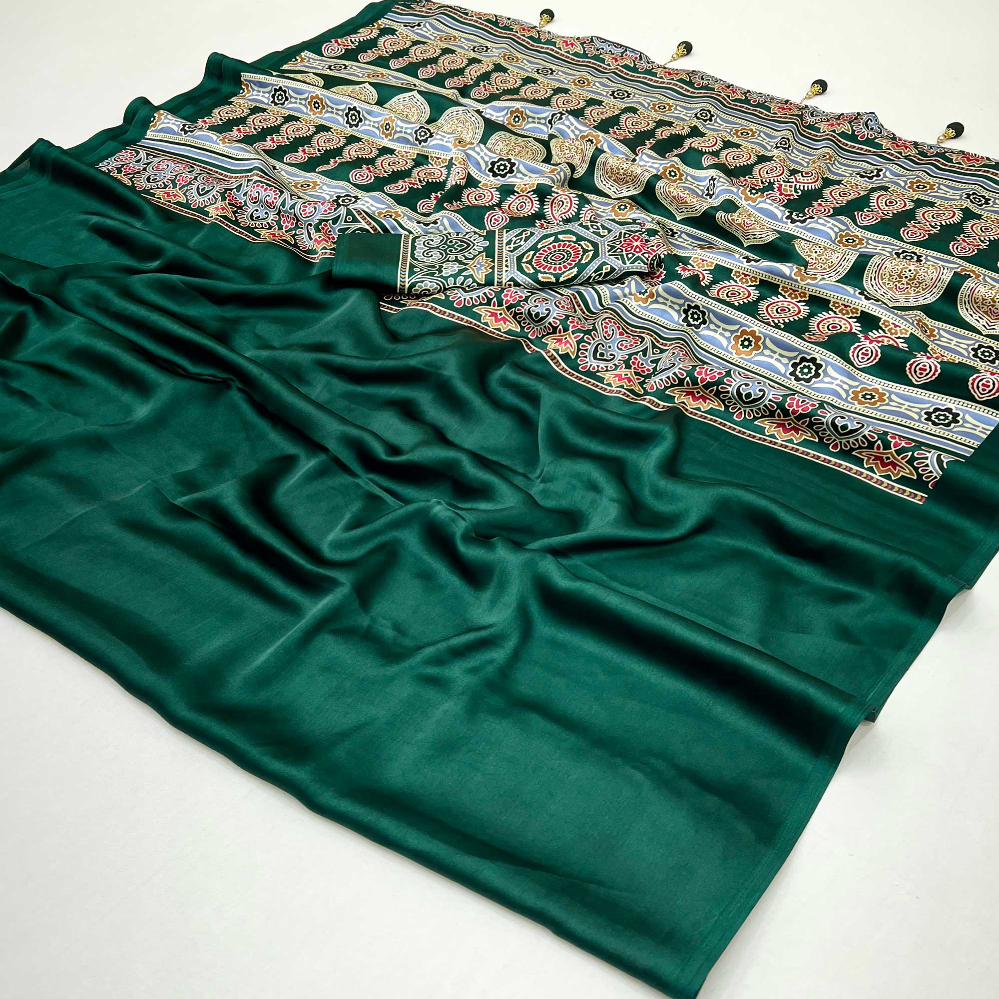 Green Ajrakh Printed Crepe Satin Saree With Tassels