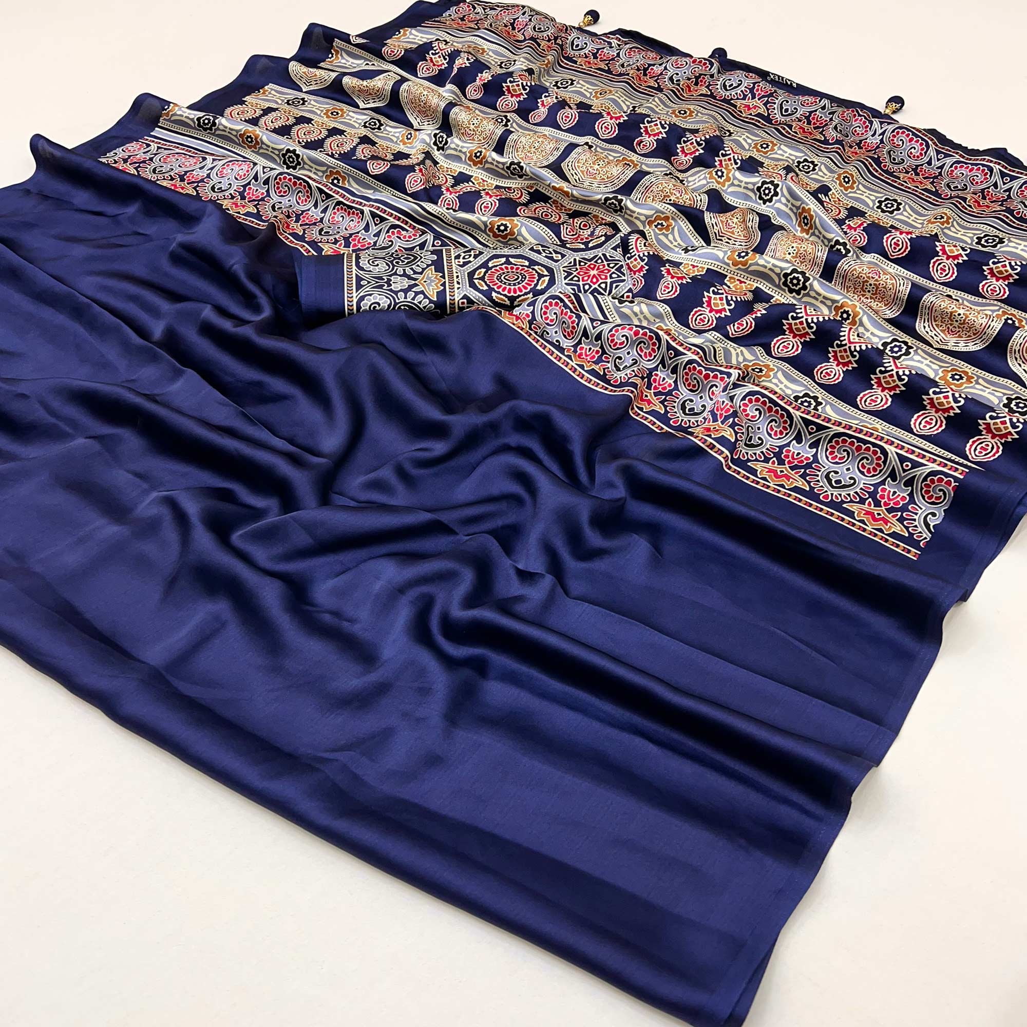 Navy Blue Ajrakh Printed Crepe Satin Saree With Tassels