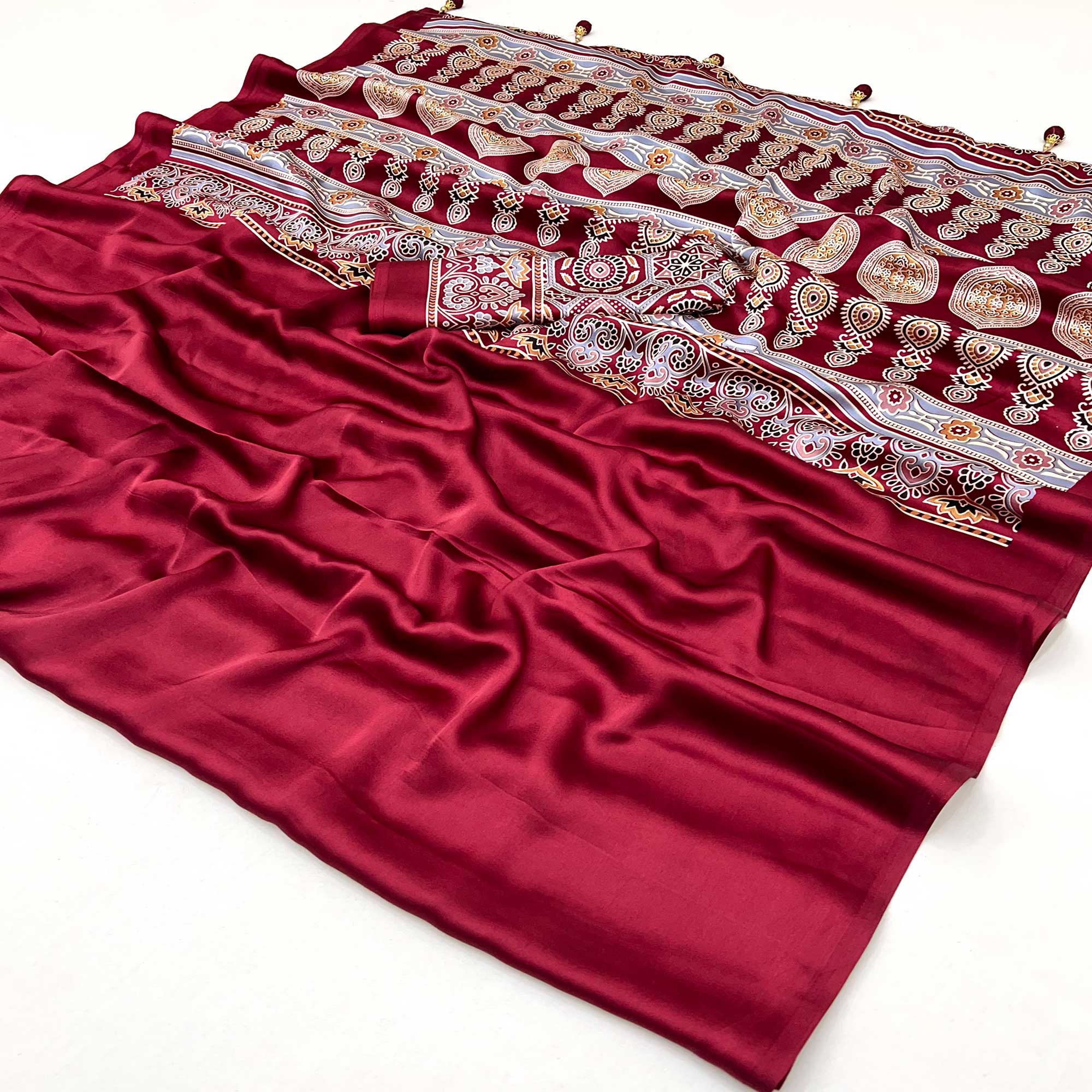 Red Ajrakh Printed Crepe Satin Saree With Tassels