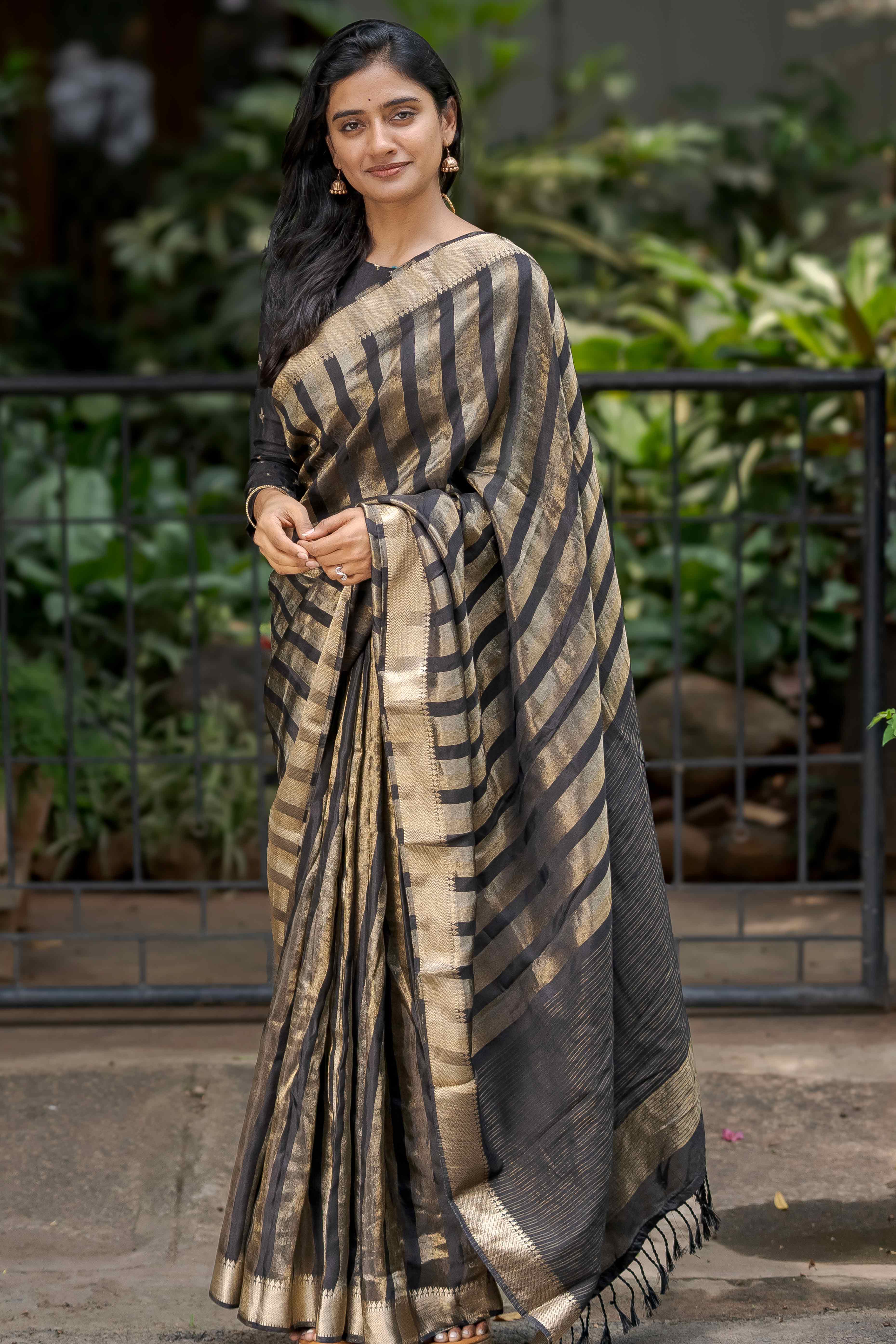 Black Zari Weaving Viscose Saree With Tassels