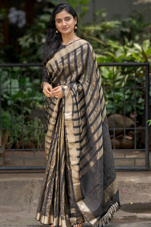 Black Zari Weaving Viscose Saree With Tassels