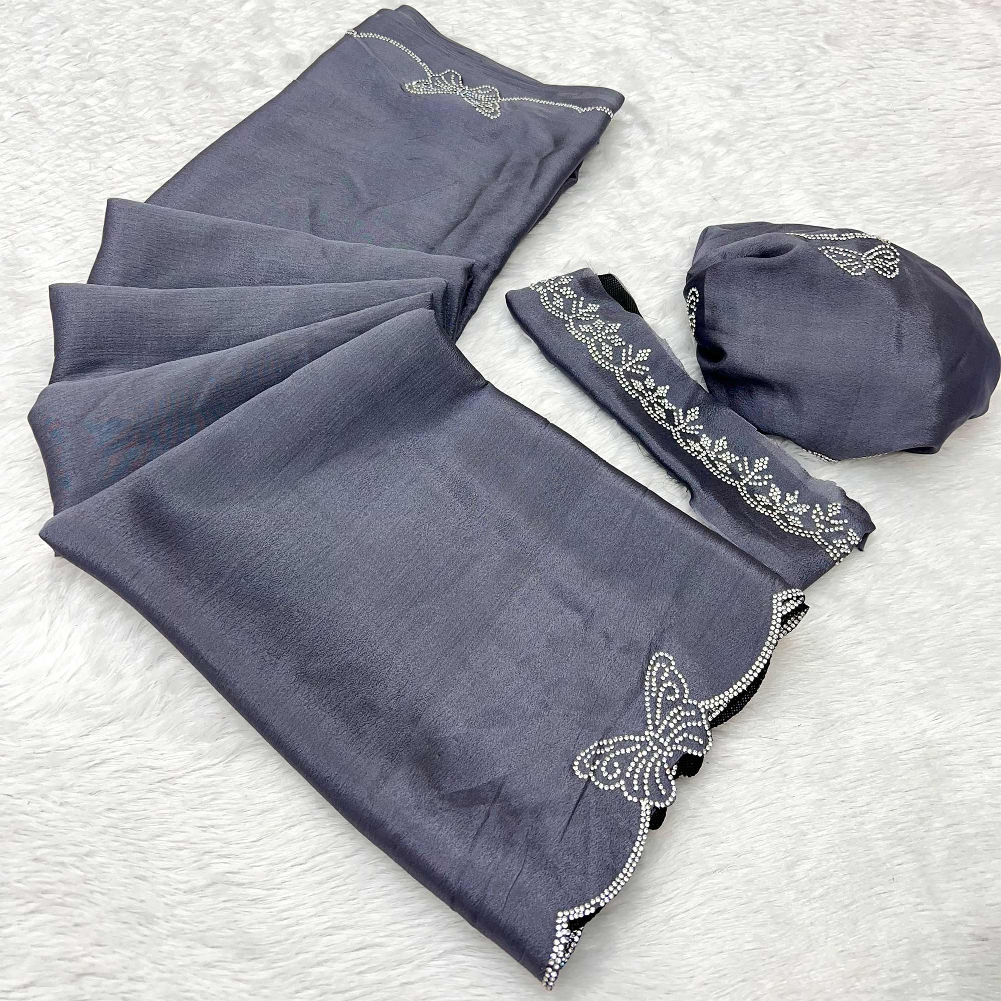 Grey Stone Work Embroidered Chinon Saree