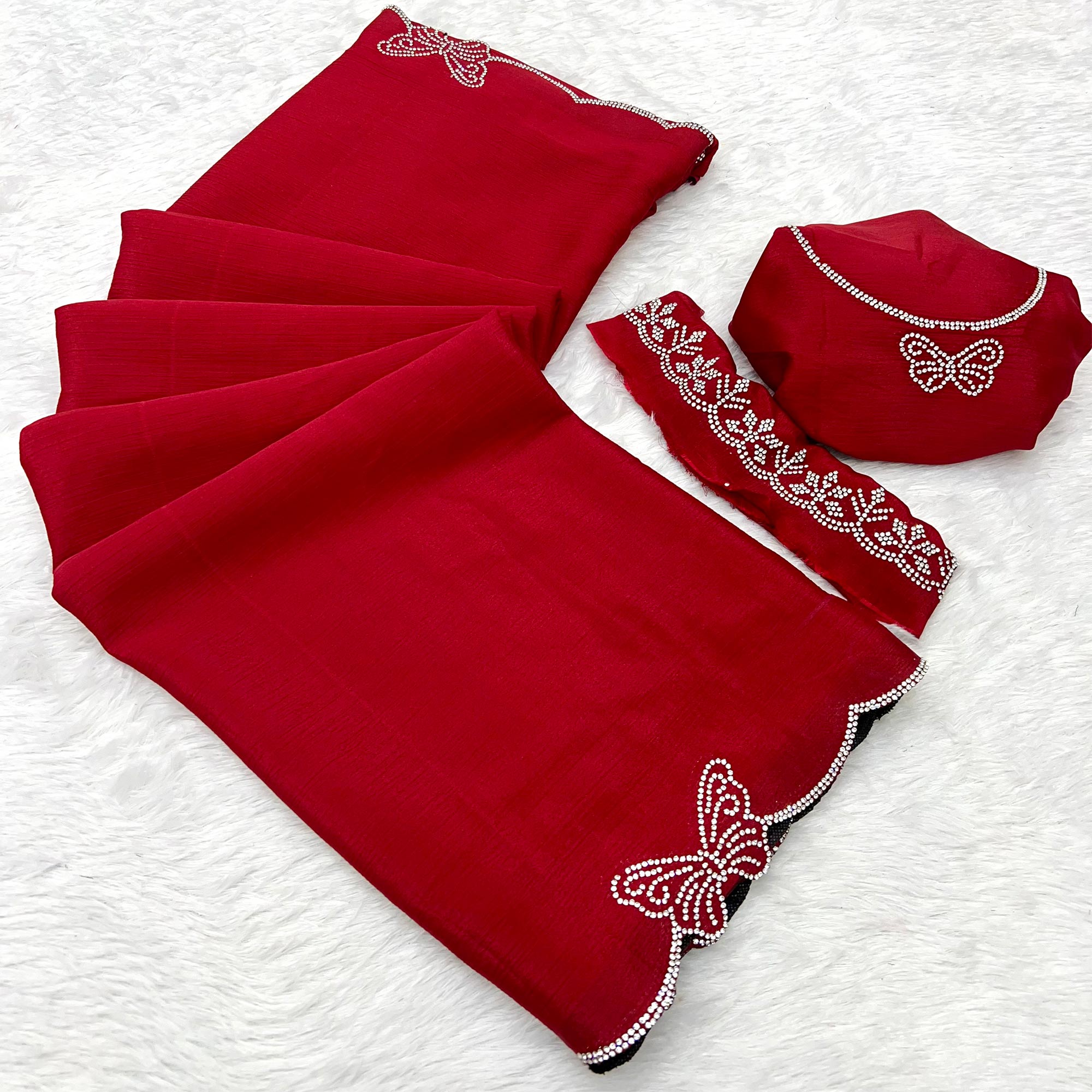 Red Stone Work Embroidered Chinon Saree