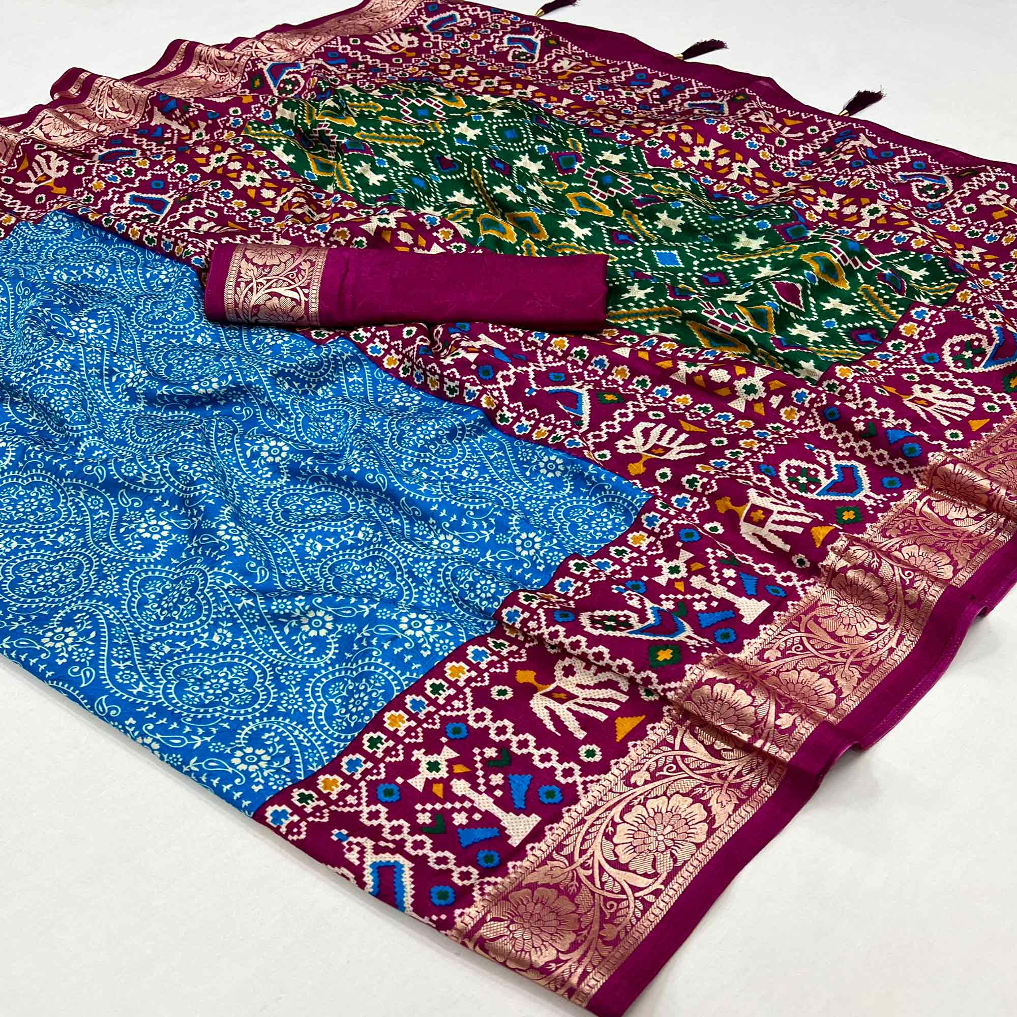 Blue & Purple Floral Printed Tussar Silk Saree With Tassels