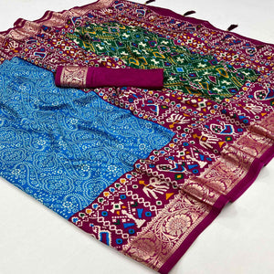 Blue & Purple Floral Printed Tussar Silk Saree With Tassels