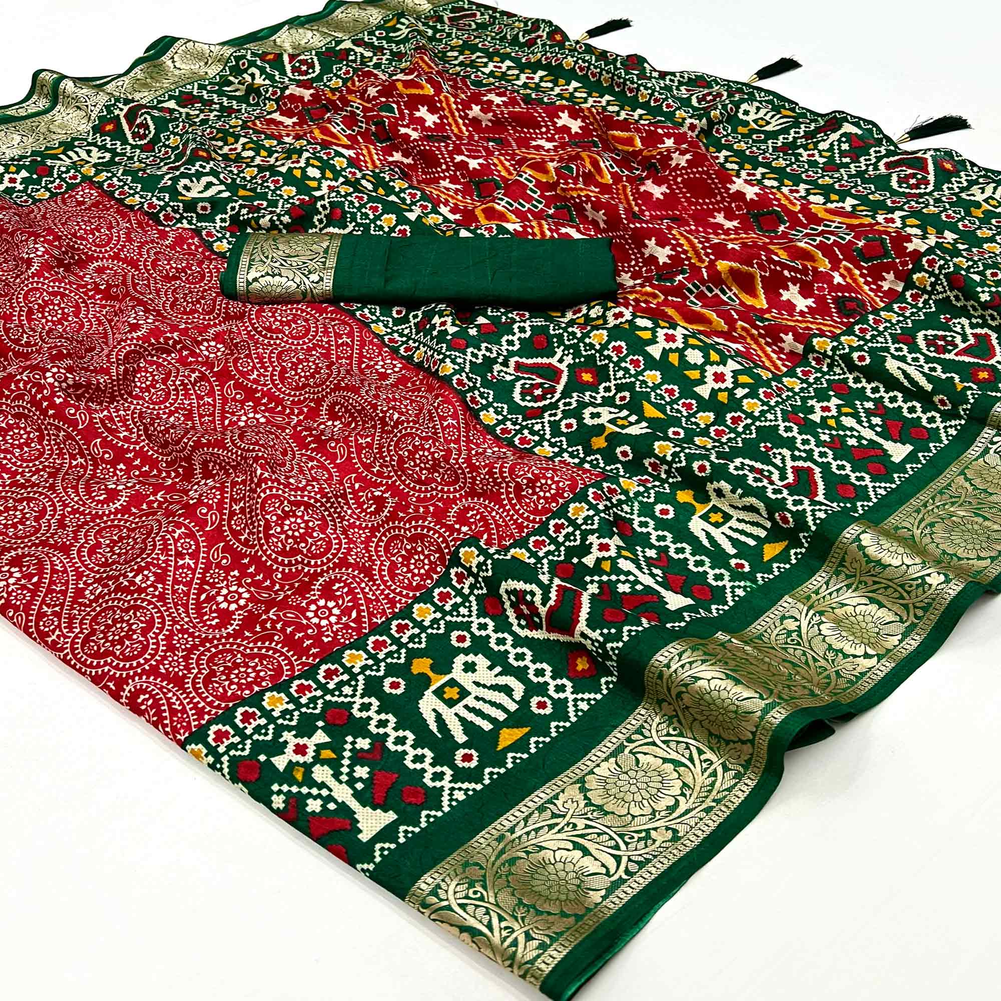 Red & Green Floral Printed Tussar Silk Saree With Tassels