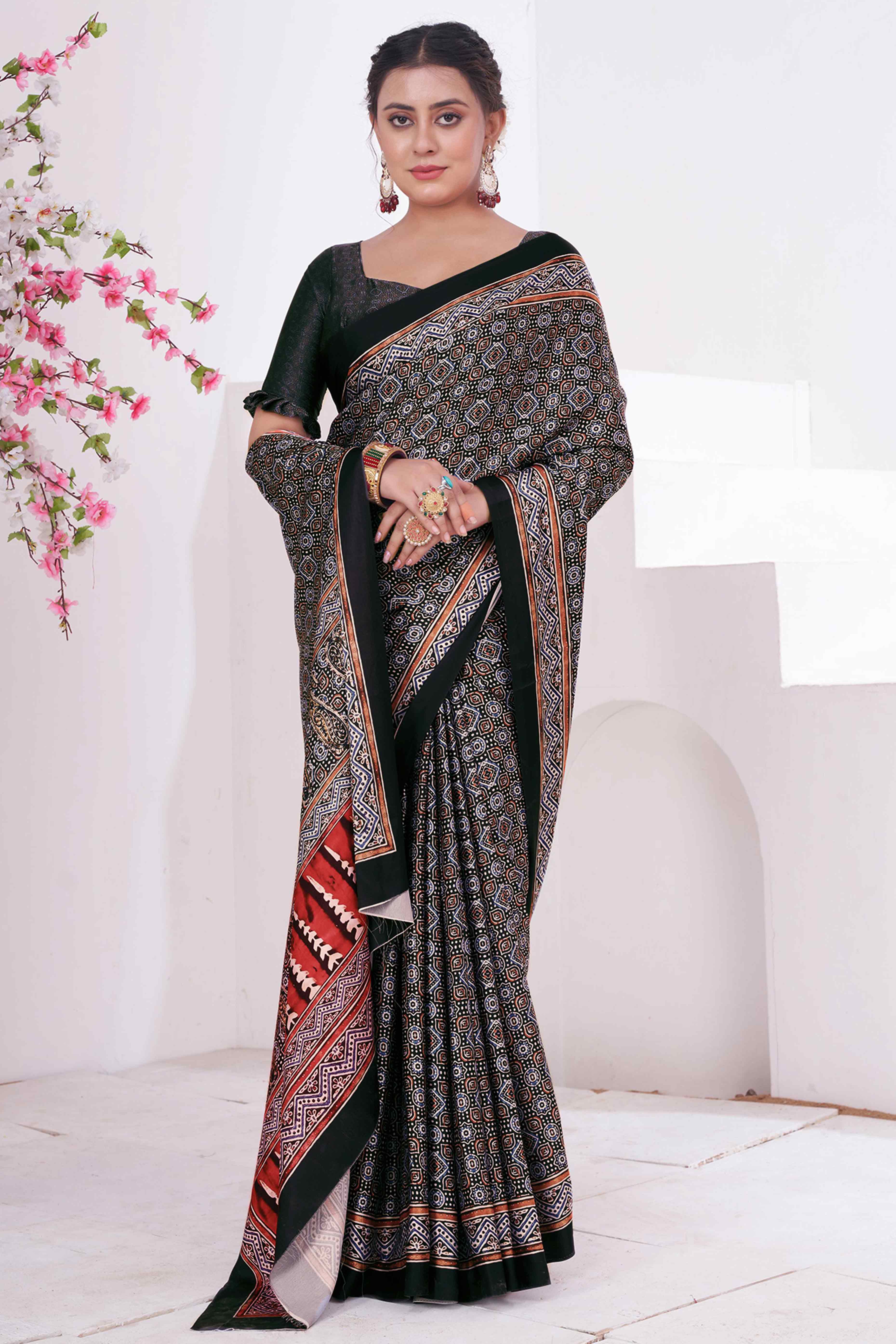Black Digital Printed Crepe Saree